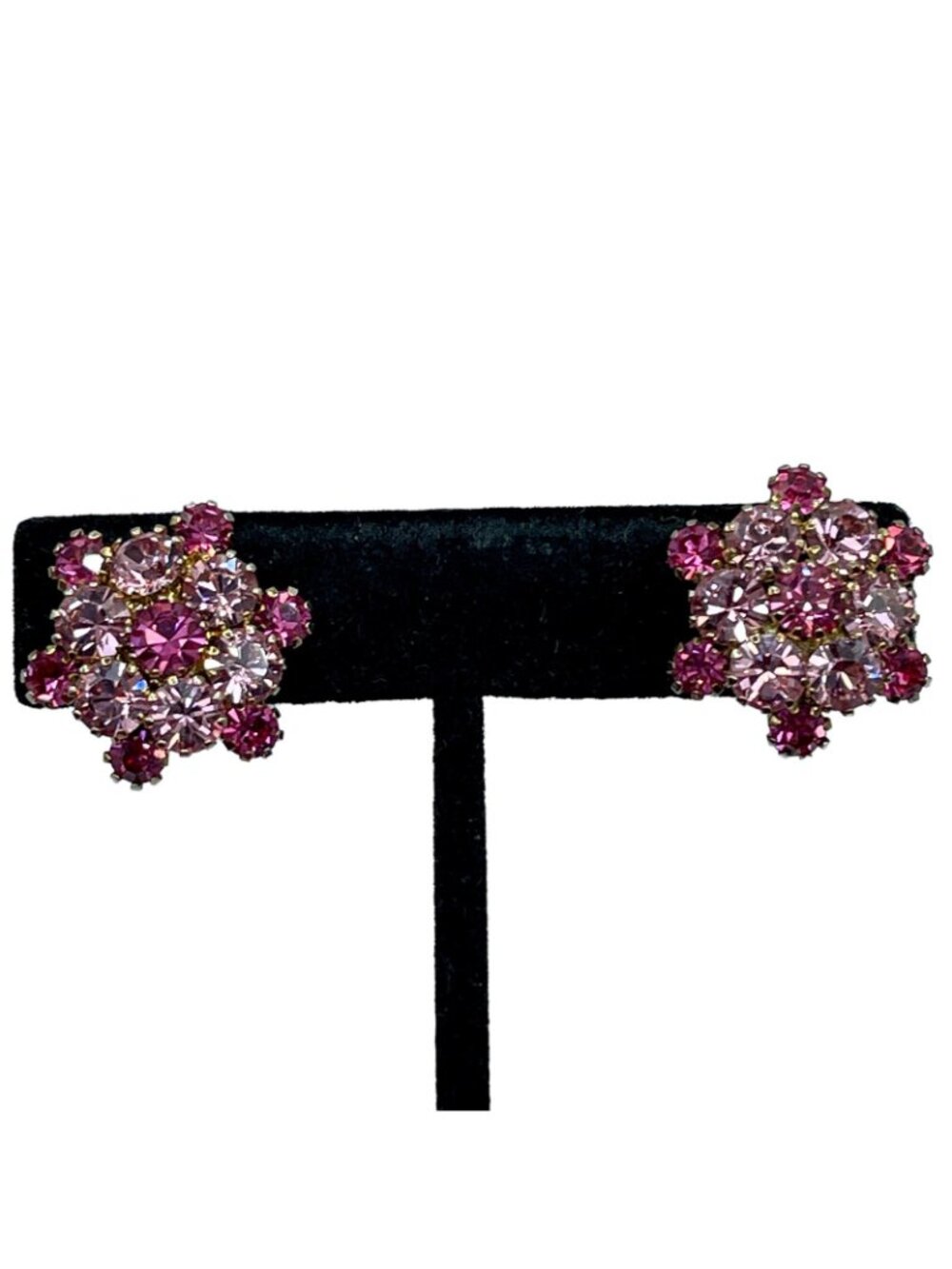 Pink Rhinestone Earrings Two Toned Prong Set Cluster Vintage Clip On Gold Tone - Picture 5 of 16